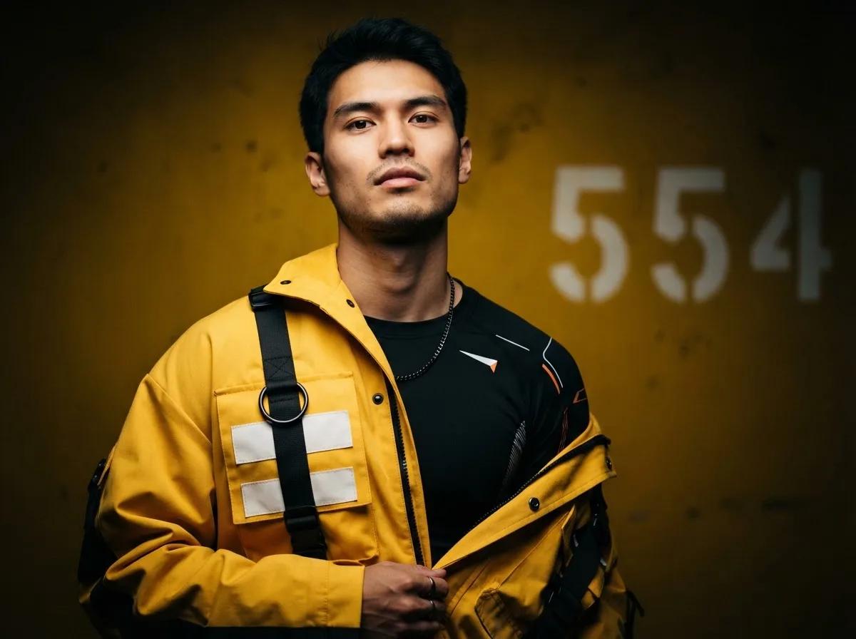 Éditorial mode futuriste sur fond jaune — rendu d’exemple (Nano Banana)