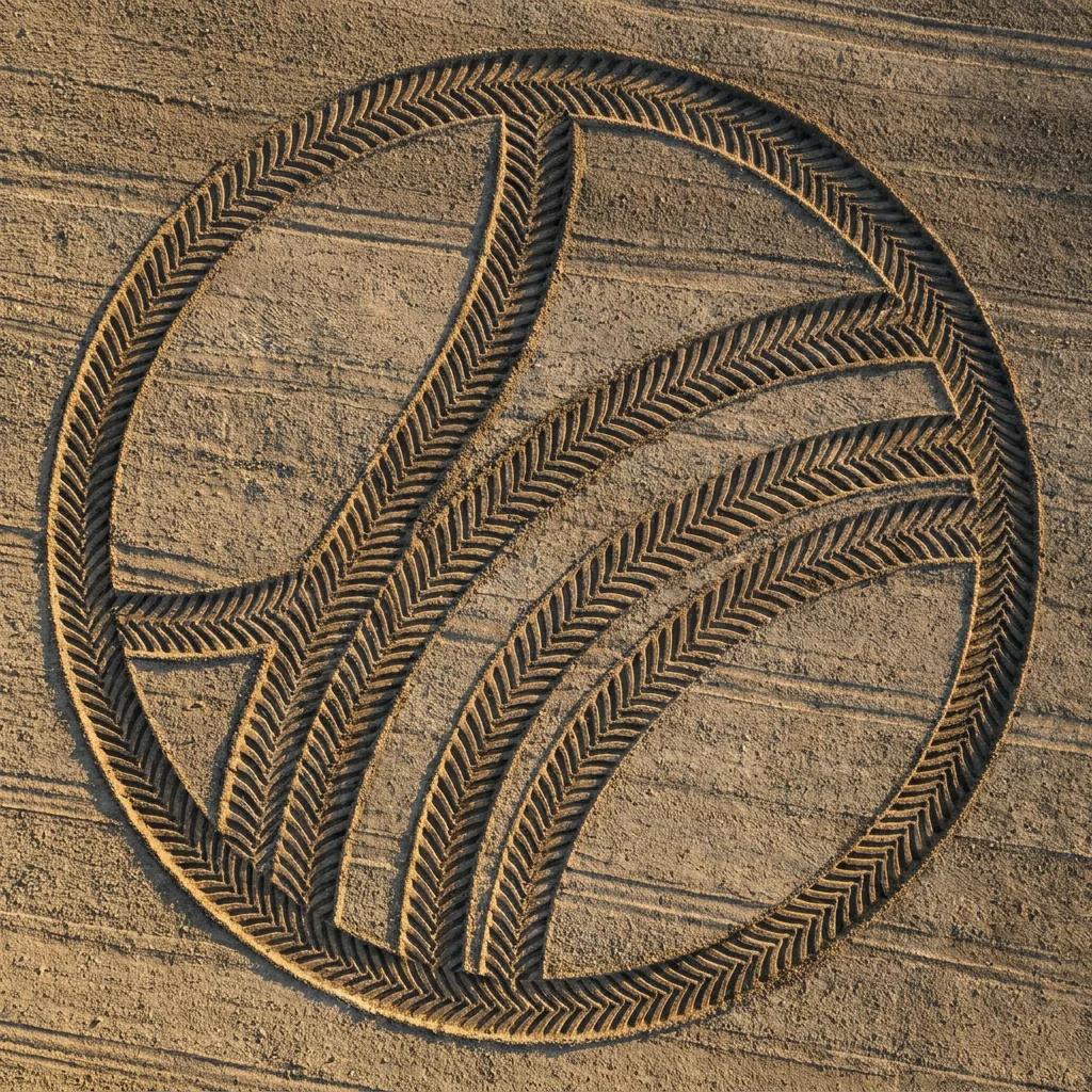 Logo sculpté dans un champ, vue drone — rendu d’exemple (Nano Banana)