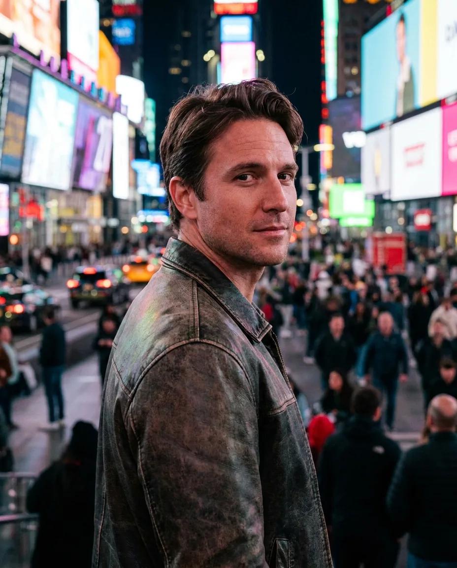 Portrait de nuit à Times Square — rendu d’exemple (Nano Banana)