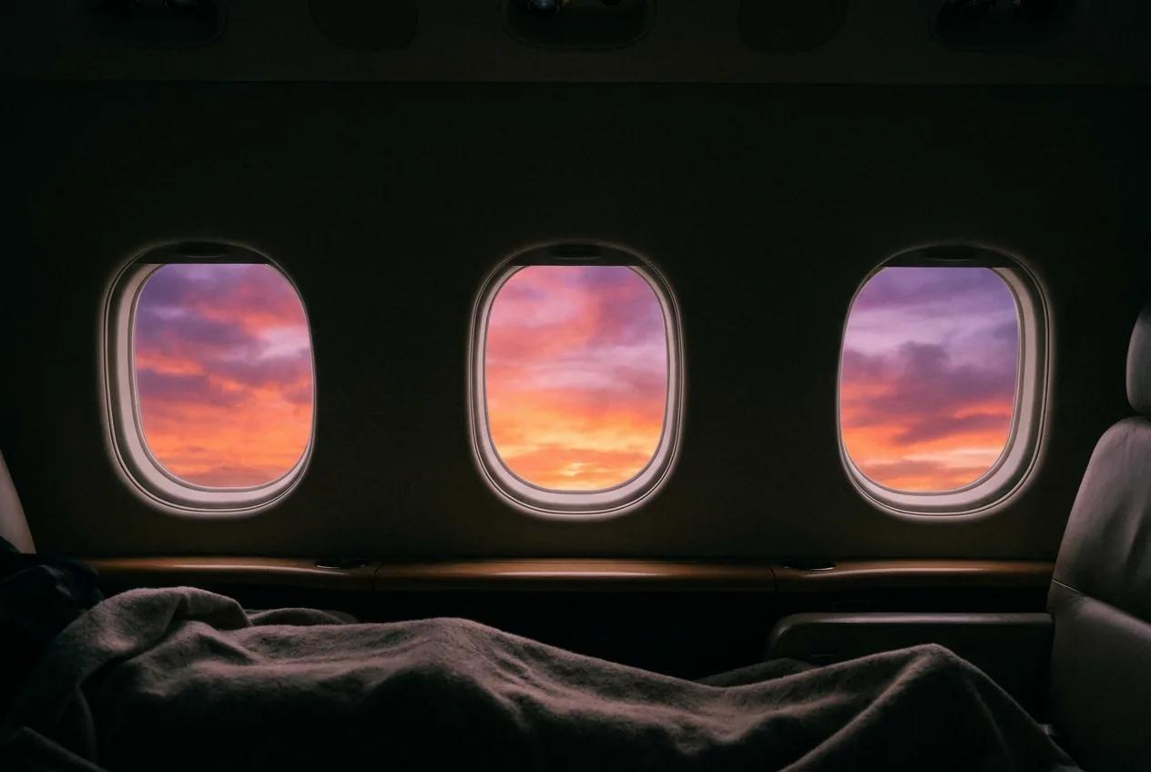 Coucher de soleil vu de trois hublots — rendu d’exemple (Nano Banana)