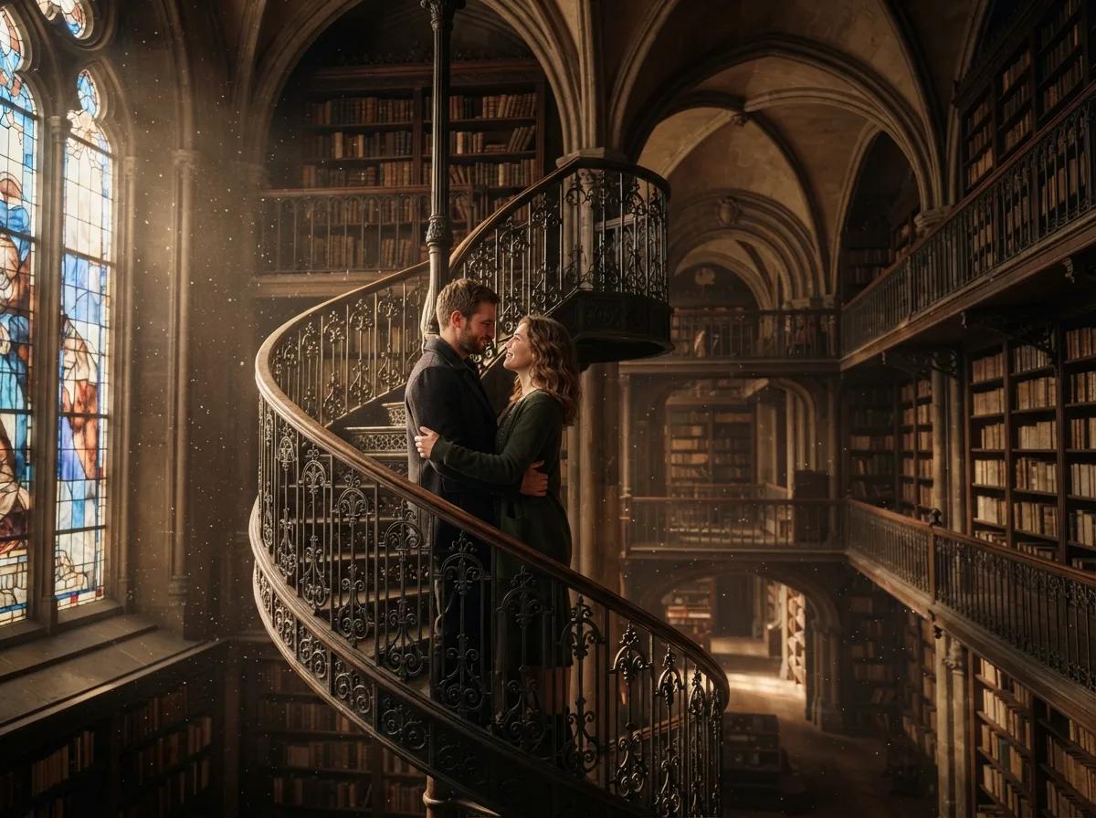 Couple dans une bibliothèque ancienne — rendu d’exemple (Nano Banana)