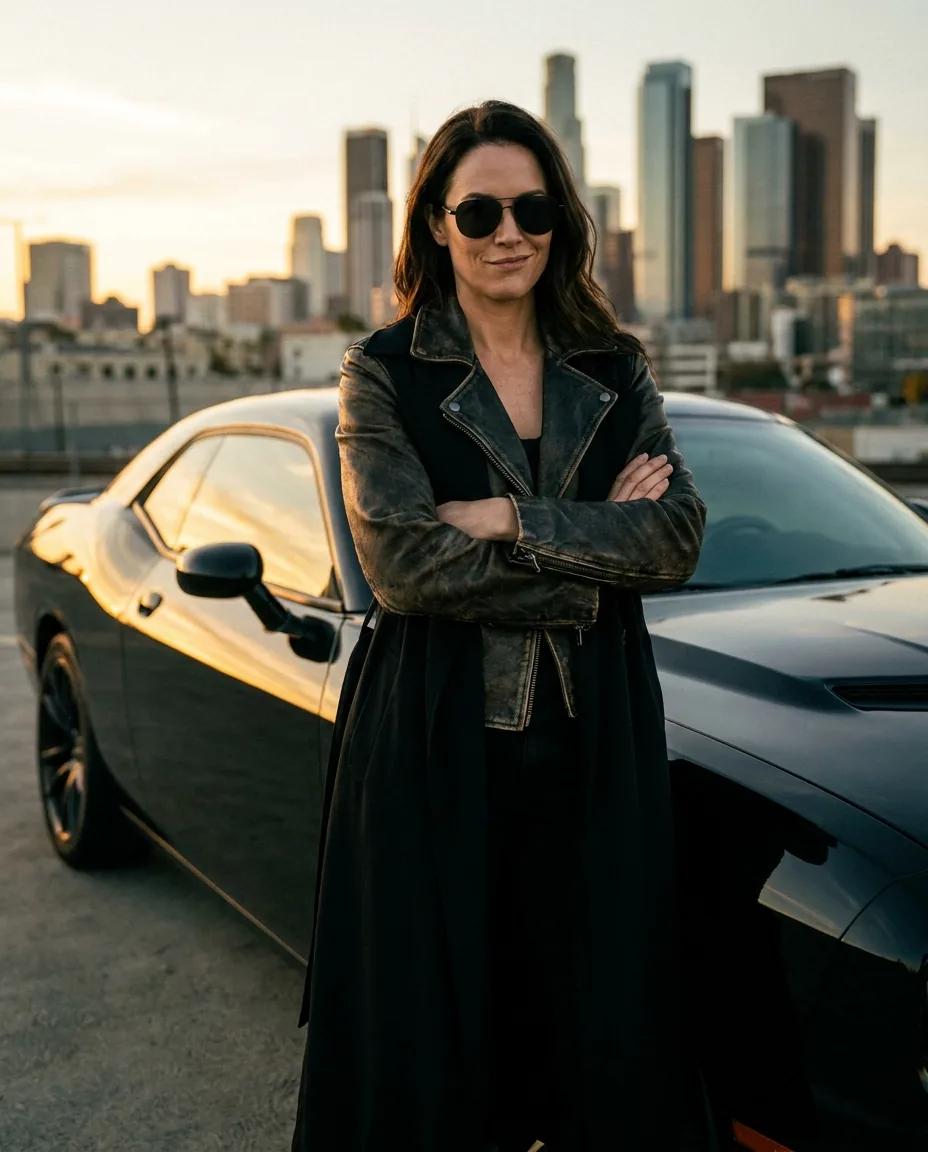 Portrait cinéma près d’une muscle car — rendu d’exemple (Nano Banana)