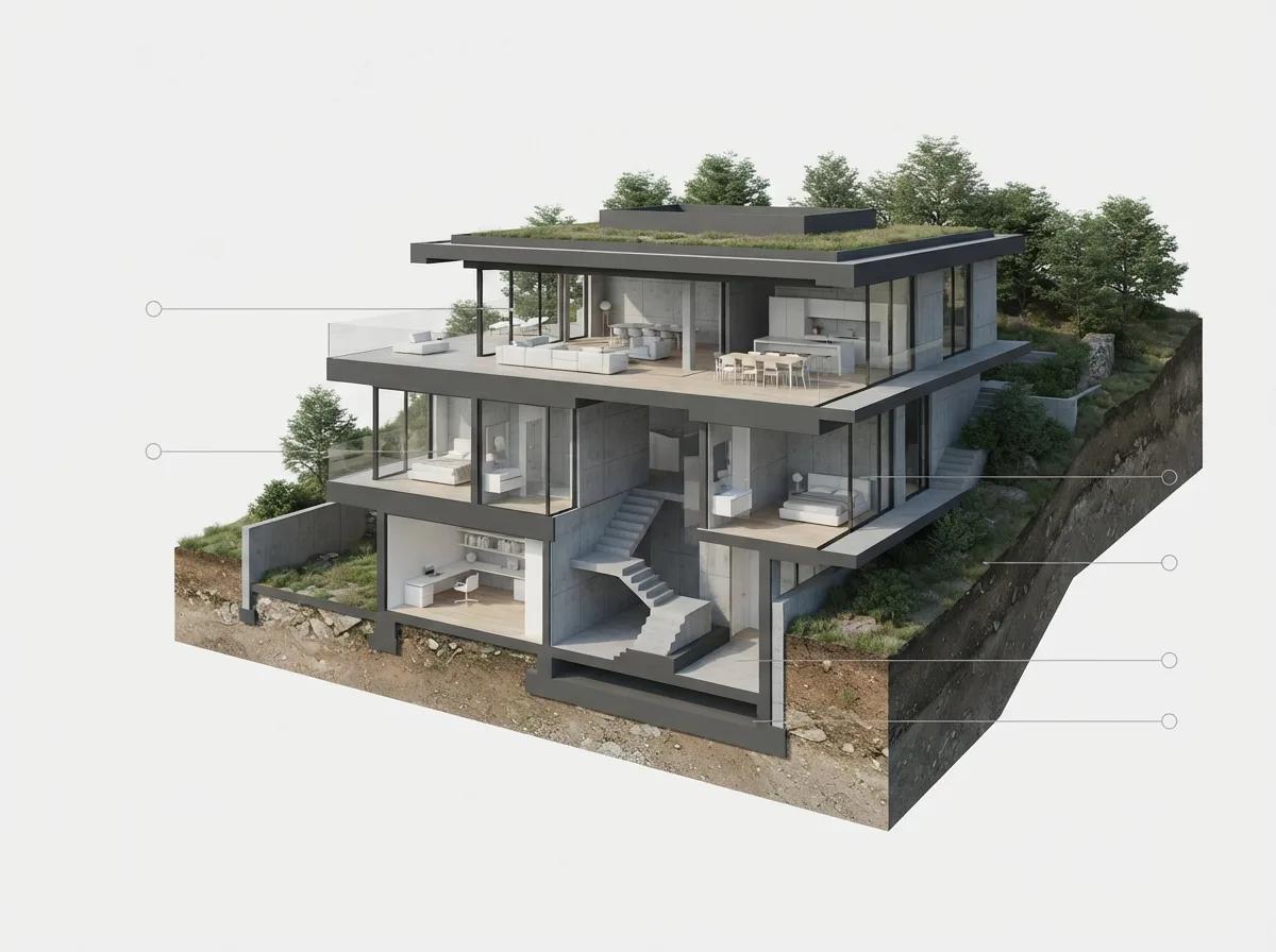 Coupe verticale 3D d’un bâtiment — rendu d’exemple (Nano Banana)