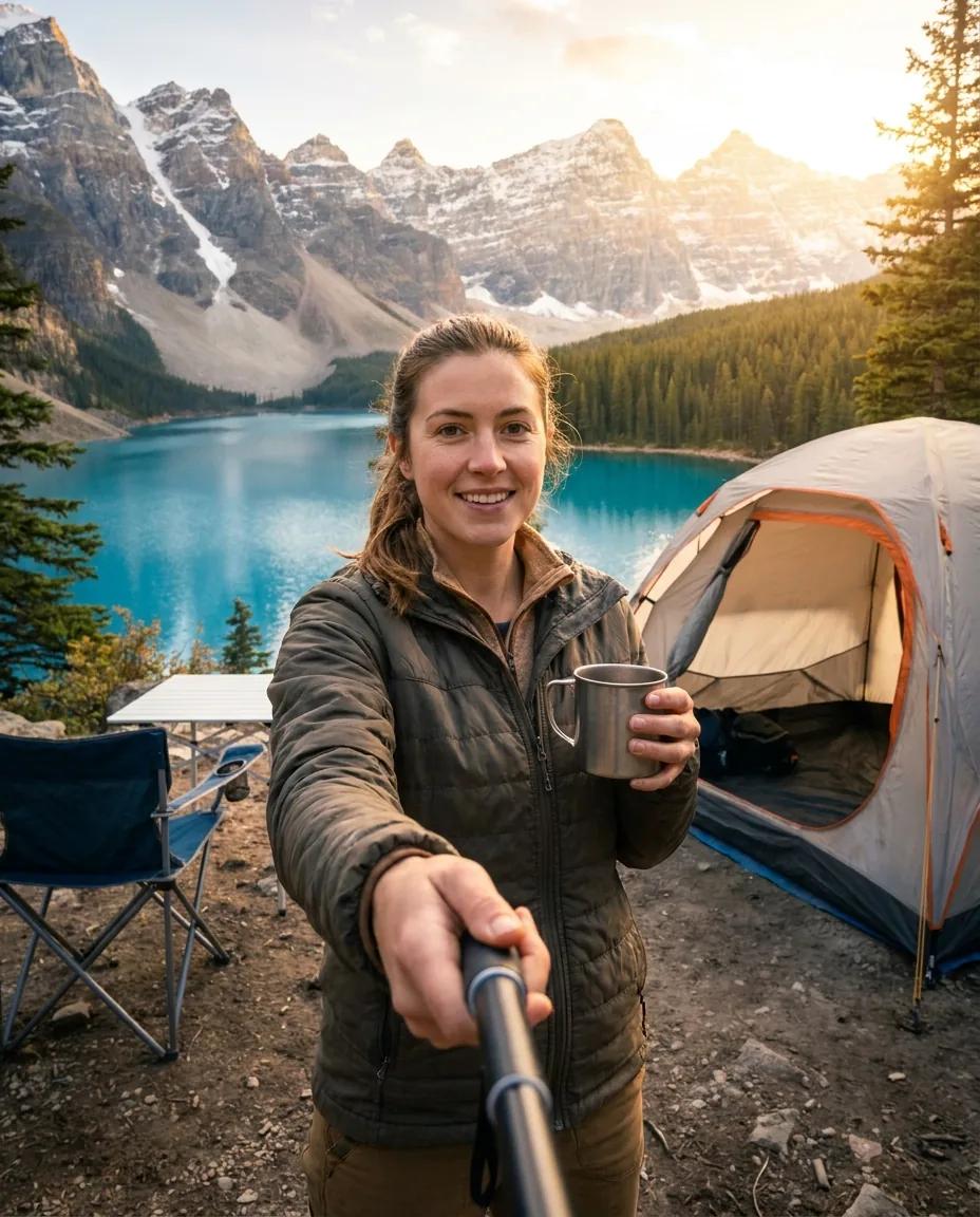 Selfie camping au bord d’un lac — rendu d’exemple (Nano Banana)