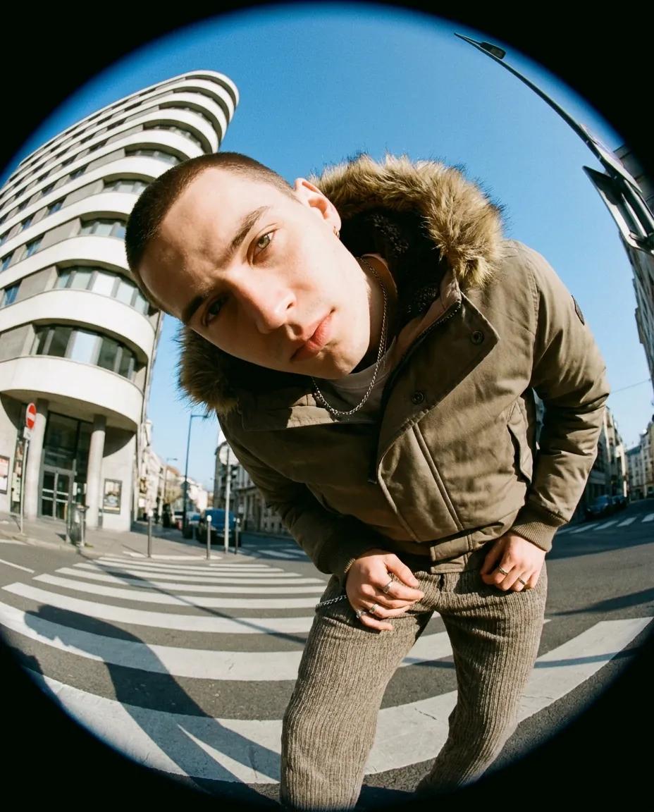 Portrait de rue au fisheye — rendu d’exemple (Nano Banana)