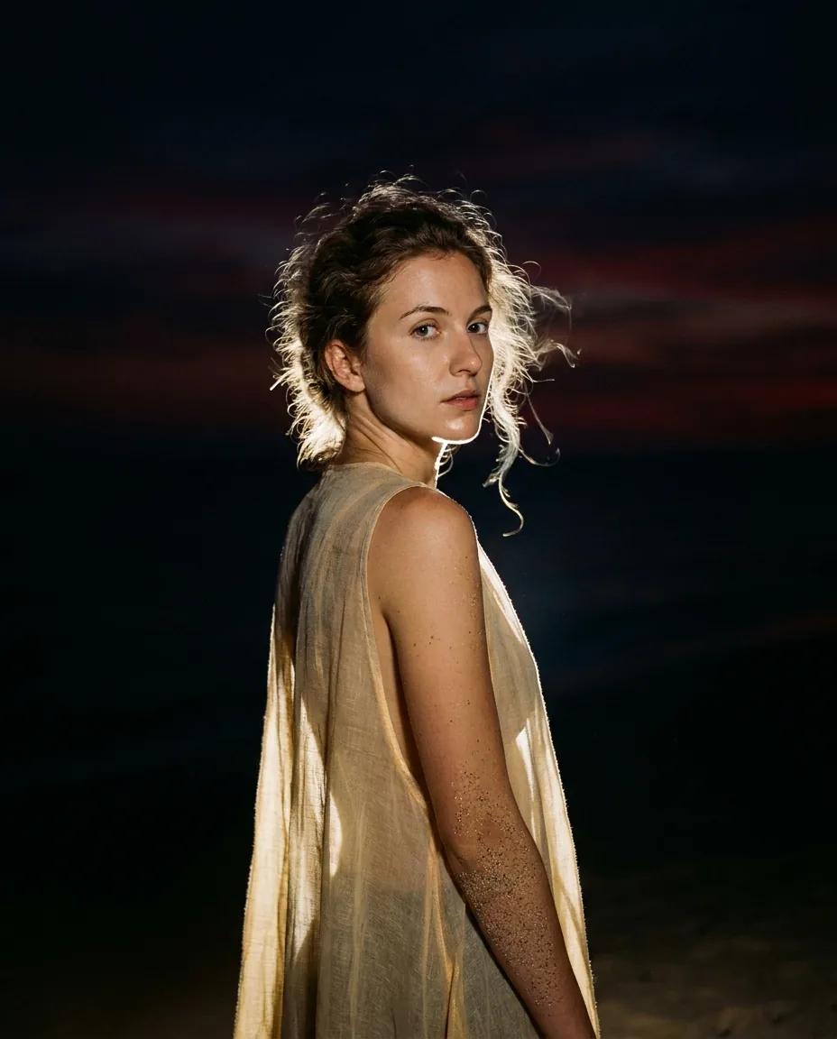 Portrait de plage au flash de nuit — rendu d’exemple (Nano Banana)