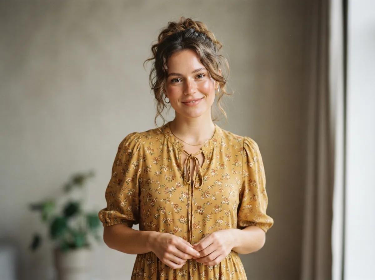 Portrait en robe fleurie moutarde, lumière de fenêtre — rendu d’exemple (Nano Banana)
