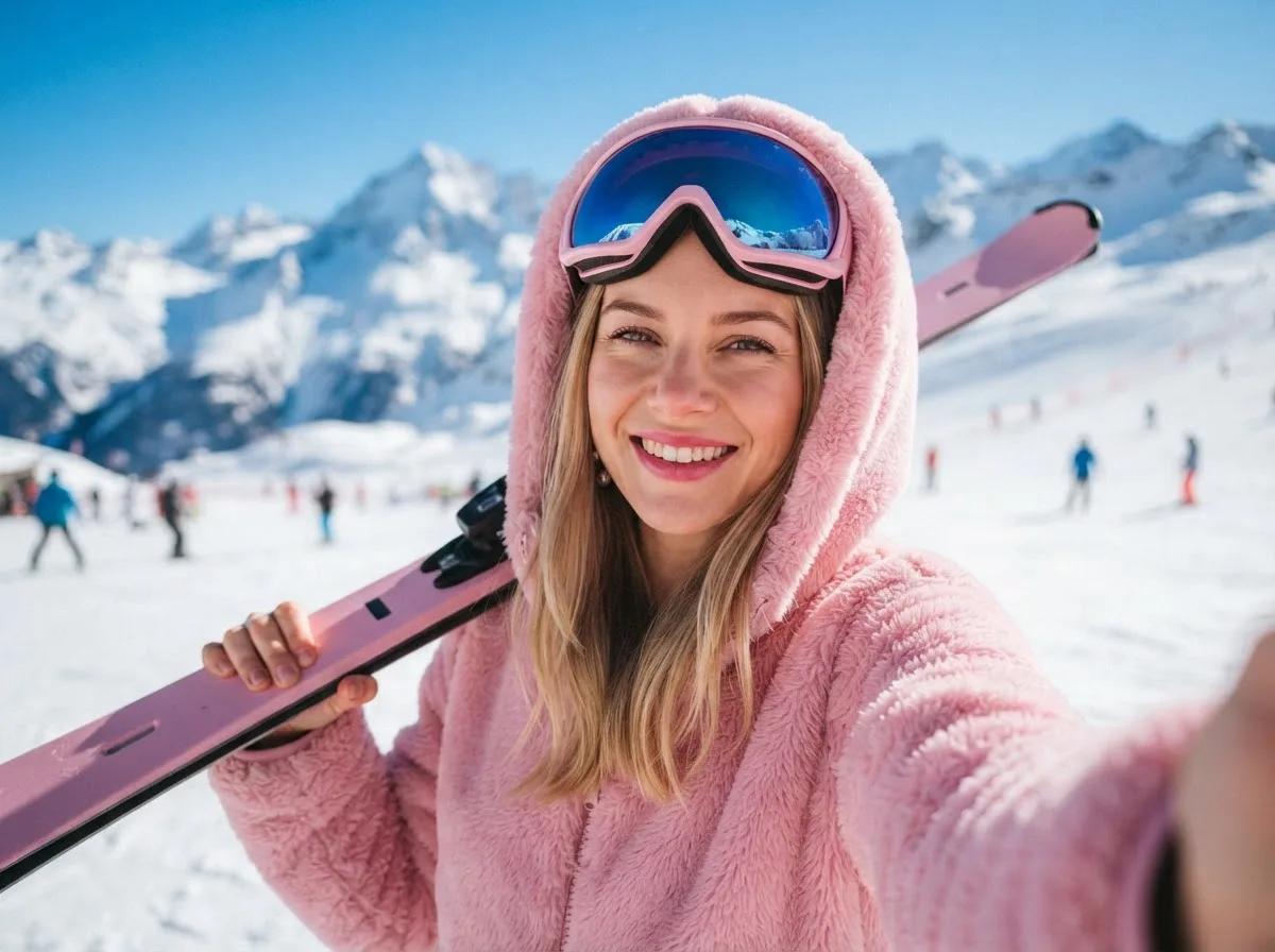 Selfie au ski en tenue rose — rendu d’exemple (Nano Banana)