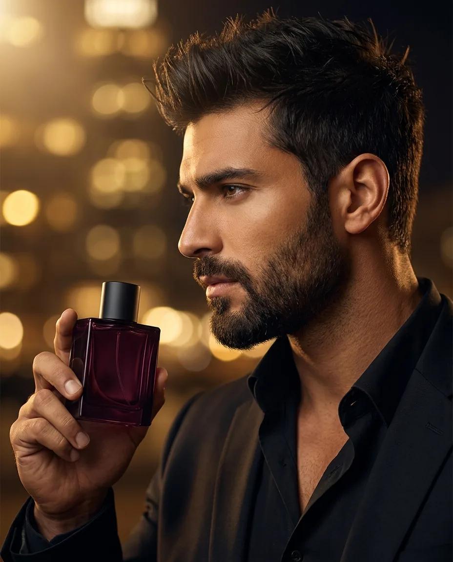 Portrait publicité de parfum en nocturne — rendu d’exemple (Nano Banana)