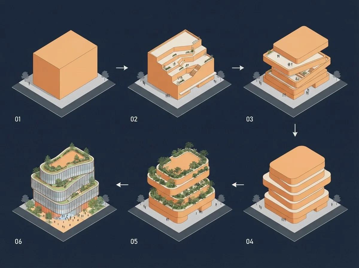 Diagramme conceptuel d’un bâtiment en six étapes — rendu d’exemple (Nano Banana)