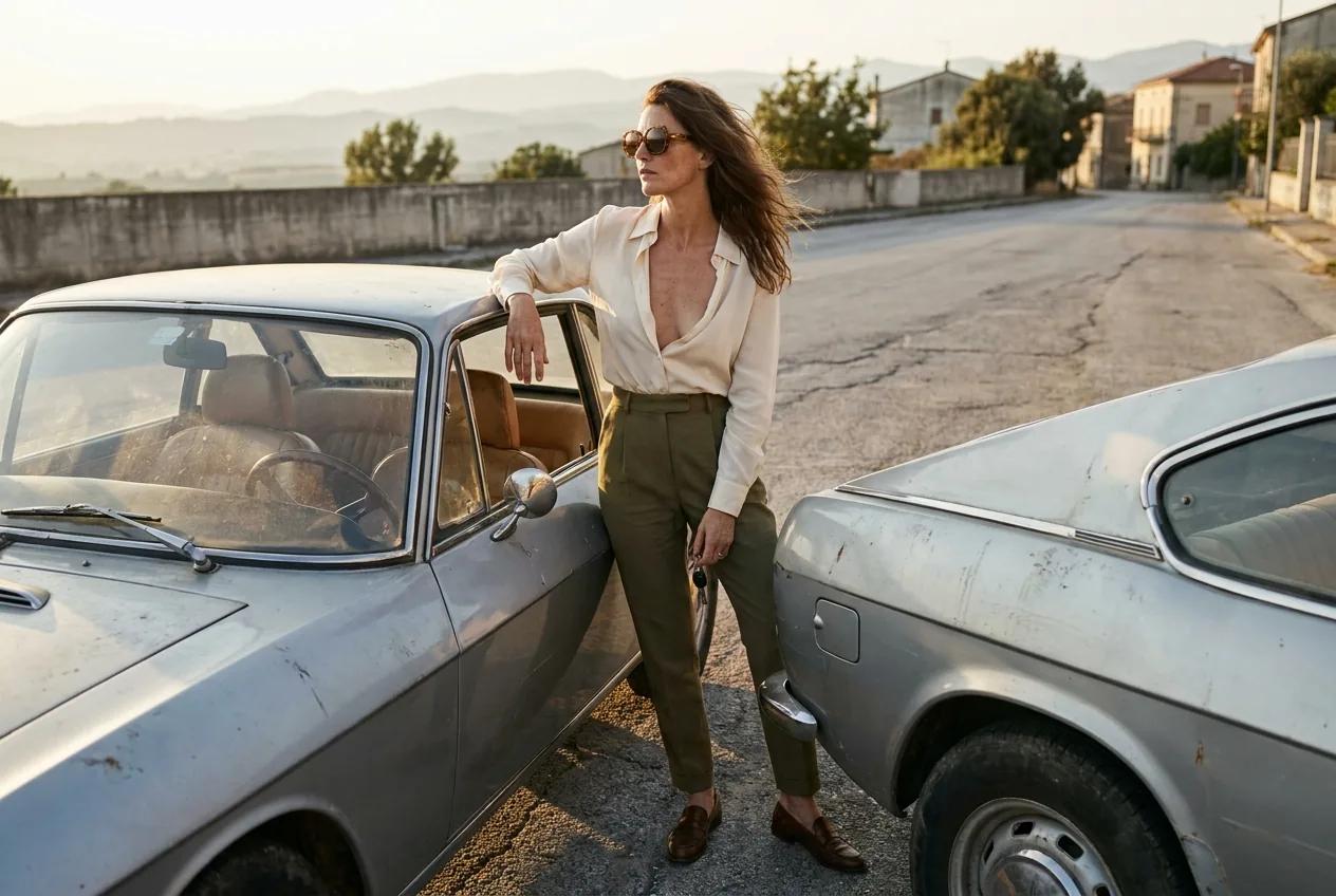 Mannequin et coupé vintage à l’heure dorée — rendu d’exemple (Nano Banana)