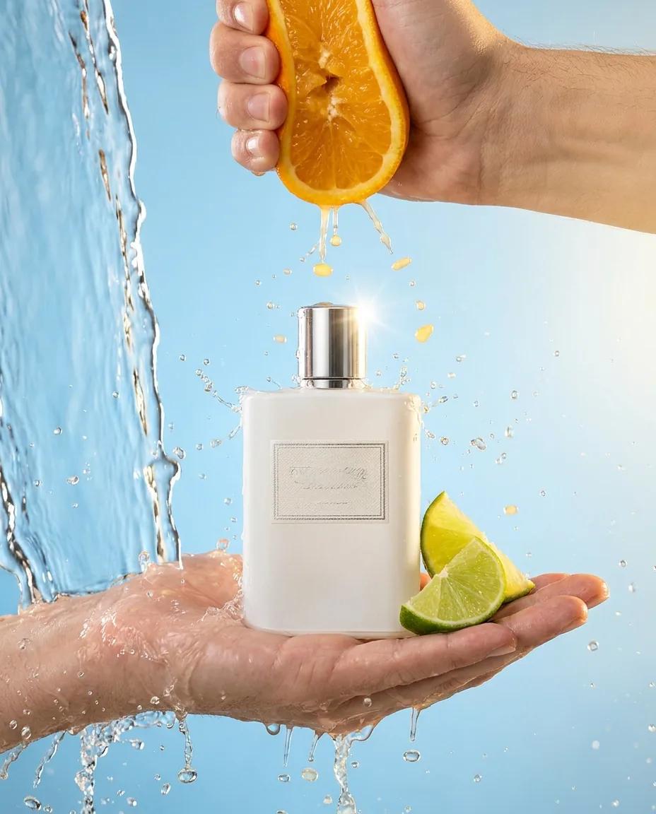 Packshot parfum sous l’eau — rendu d’exemple (Nano Banana)