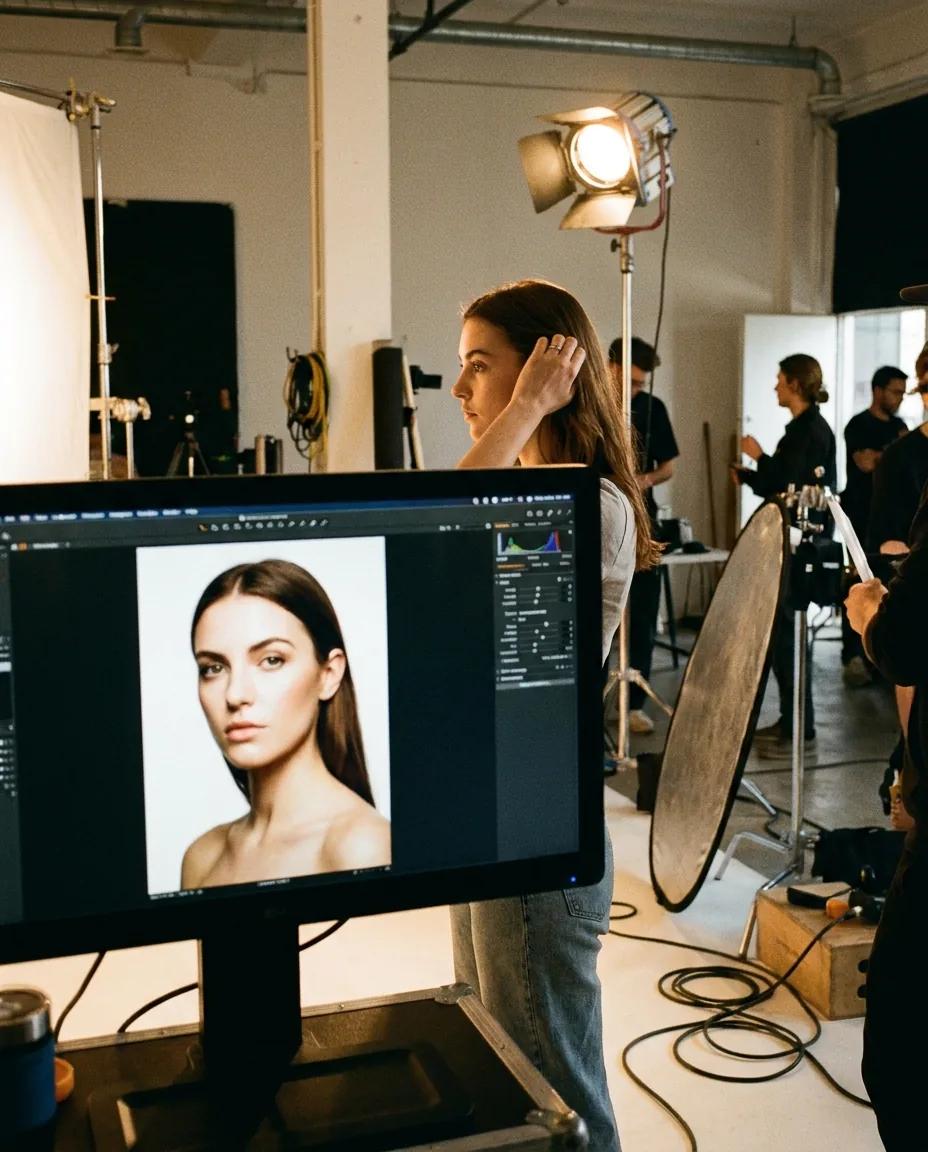 Coulisses de shooting en studio — rendu d’exemple (Nano Banana)