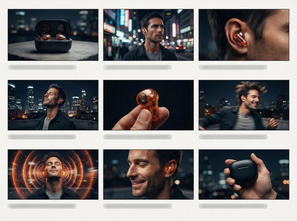 Storyboard publicitaire en neuf cases pour un produit — rendu d’exemple (GPT Image)