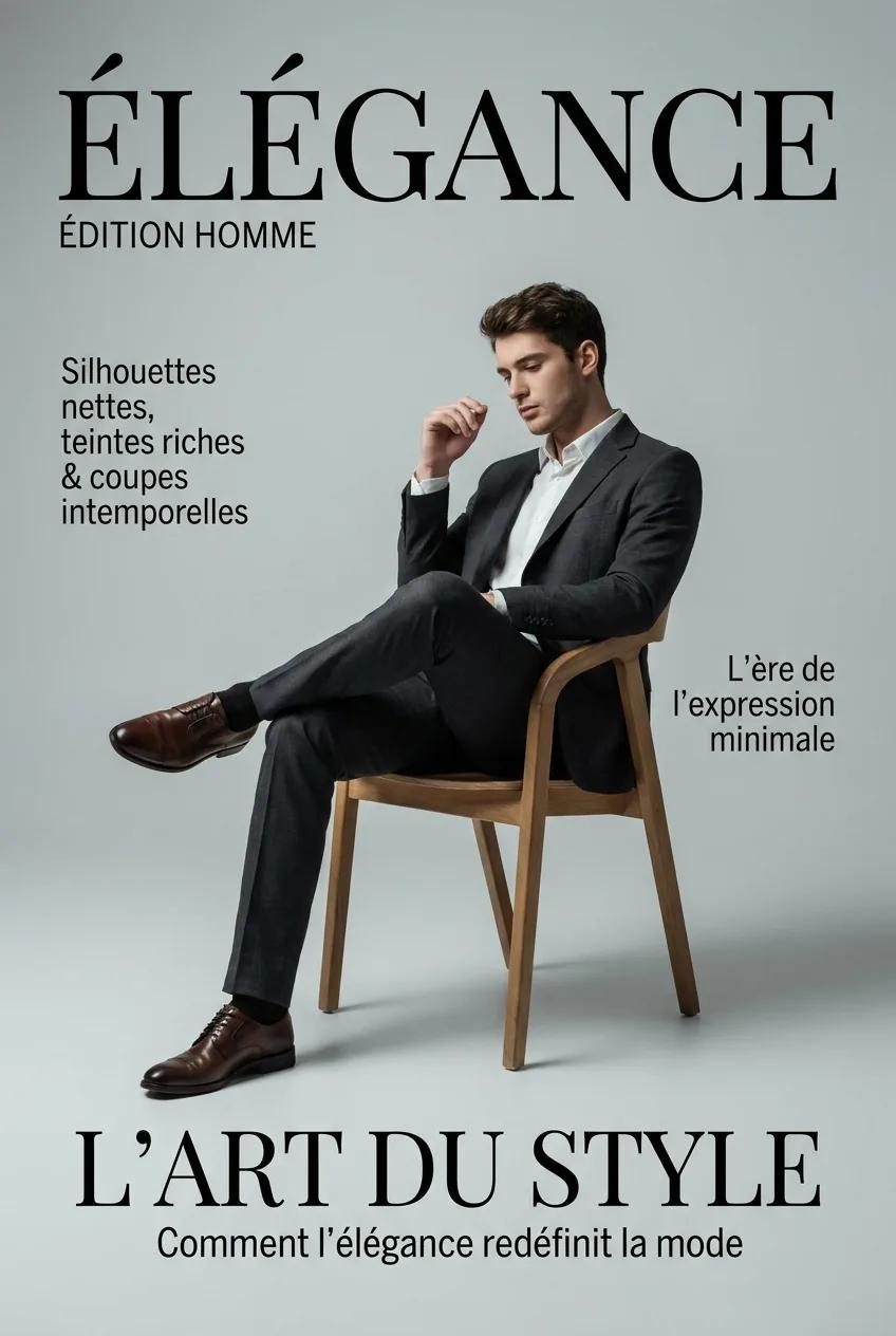 Couverture mode masculine sur fond gris — rendu d’exemple (Nano Banana)