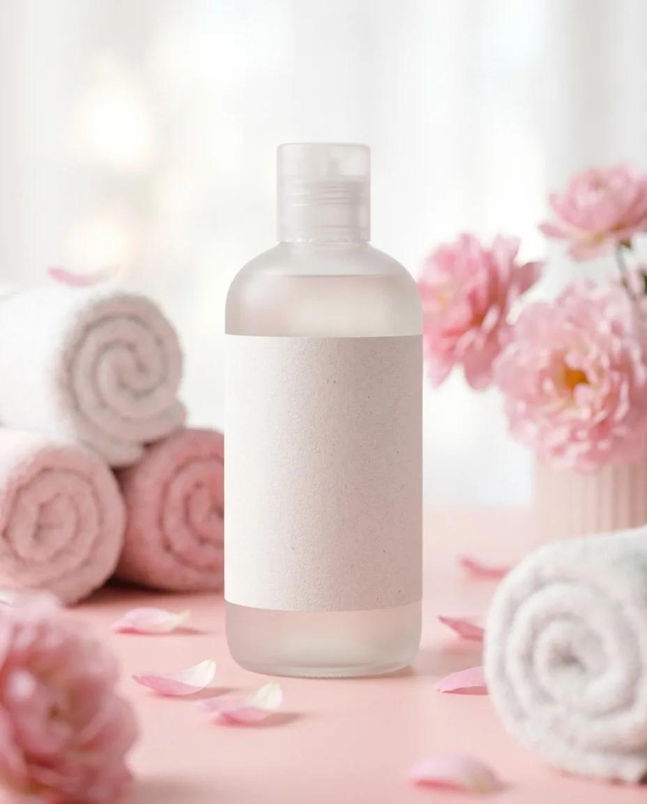 Packshot shampoing en décor floral rose — rendu d’exemple (Nano Banana)