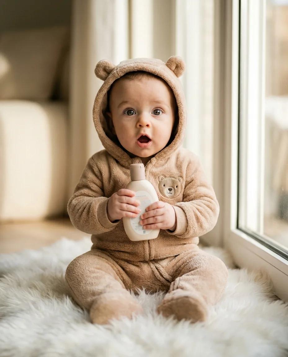 Packshot soin bébé en pyjama ourson — rendu d’exemple (Nano Banana)