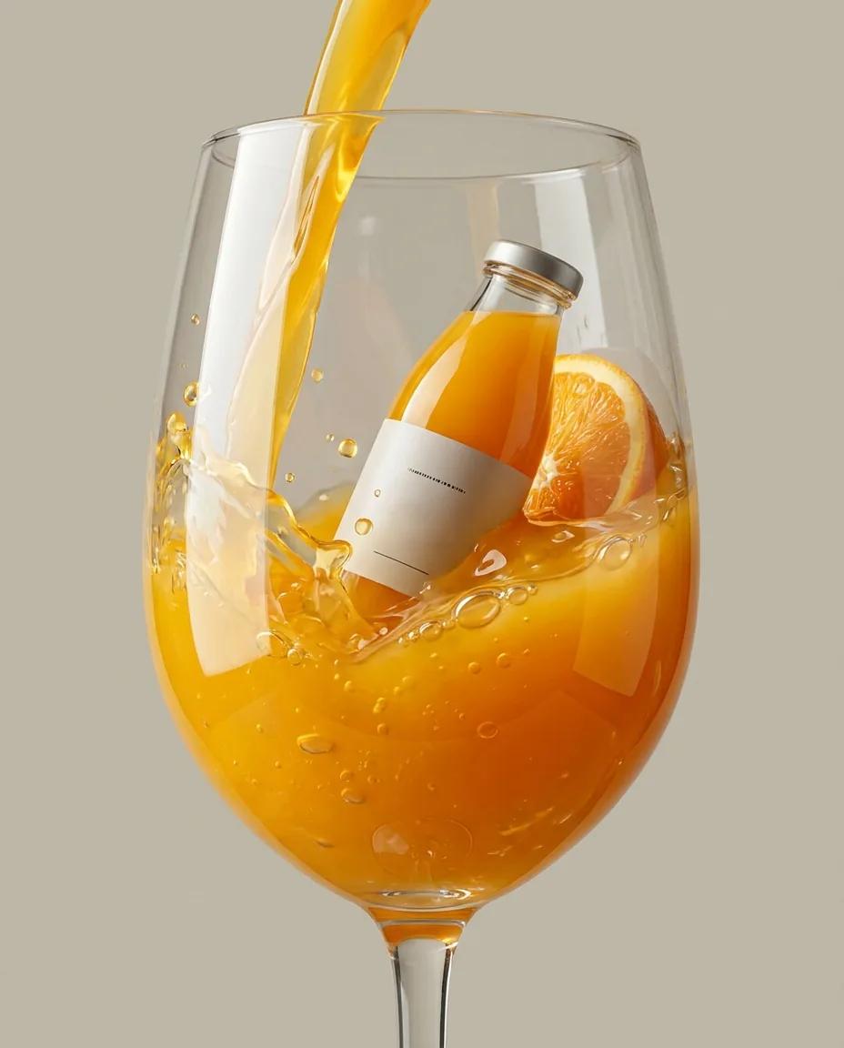 Packshot flacon immergé dans un jus — rendu d’exemple (Nano Banana)