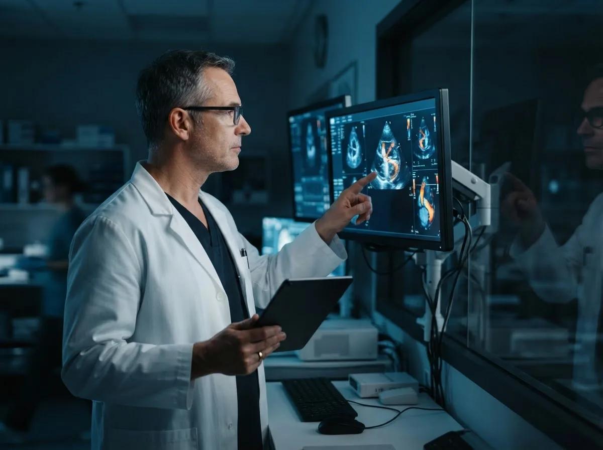Cardiologue devant les écrans d’imagerie — rendu d’exemple (Nano Banana)