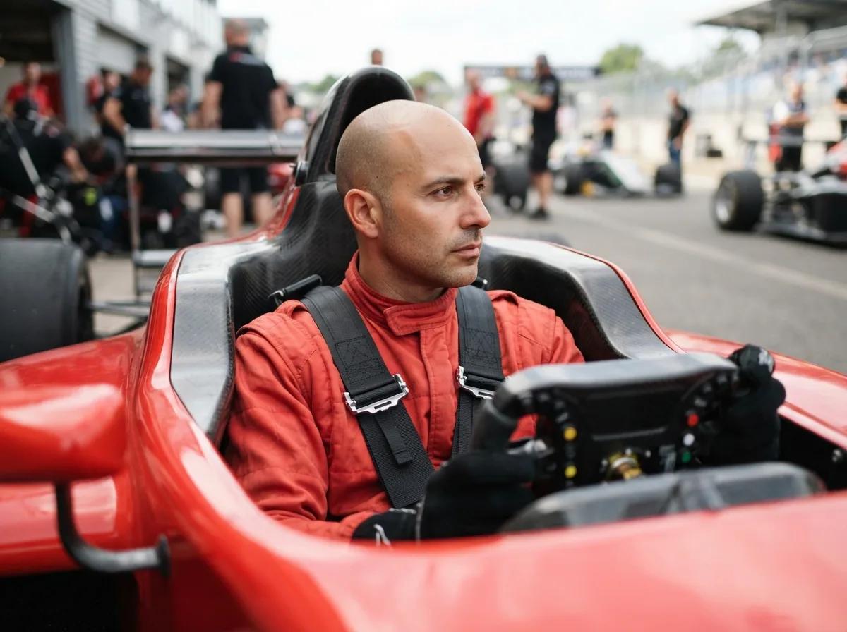 Pilote de course sans casque dans le cockpit — rendu d’exemple (GPT Image)