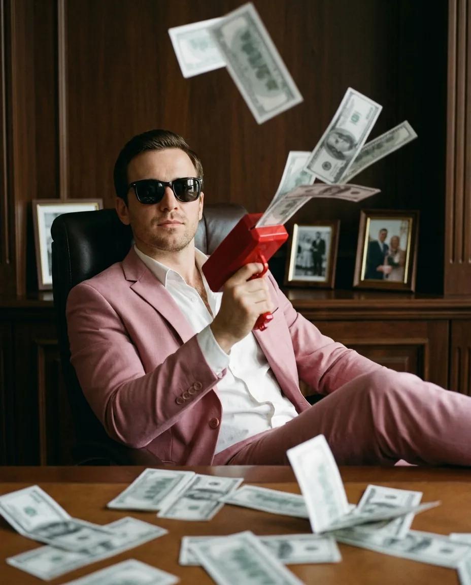 Portrait de pouvoir en costume rose — rendu d’exemple (Nano Banana)