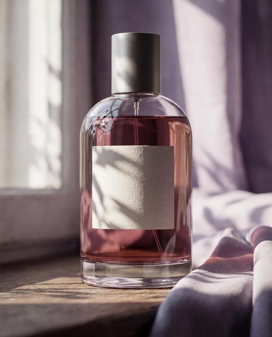 Packshot parfum aux ombres de feuillage — rendu d’exemple (Nano Banana)