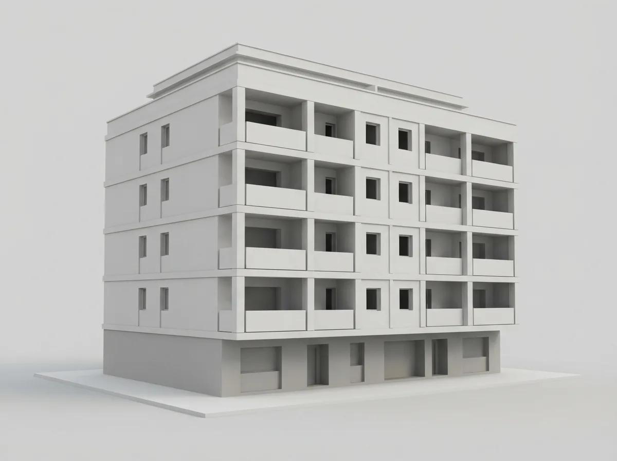 Volumétrie 3D simplifiée d’une façade — rendu d’exemple (Nano Banana)