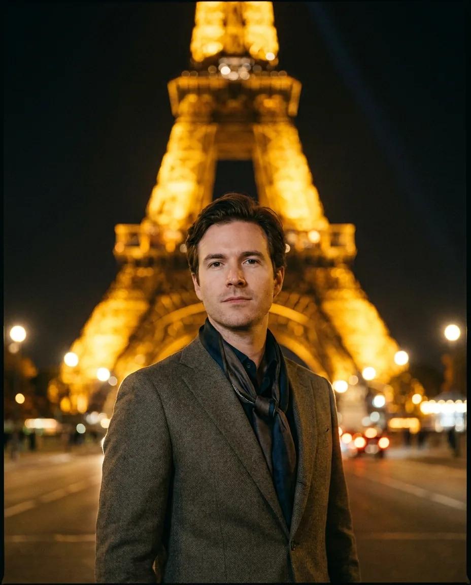 Portrait de nuit devant la tour Eiffel — rendu d’exemple (Nano Banana)