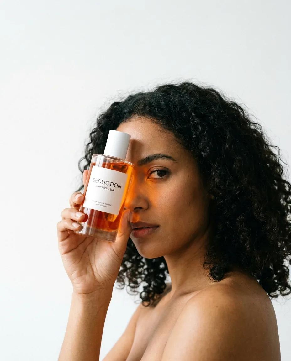 Portrait beauté, flacon spray et halo orange — rendu d’exemple (Nano Banana)