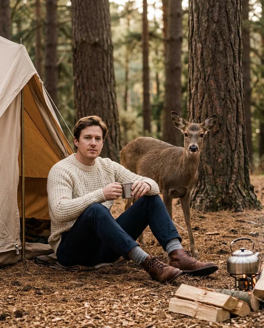 Portrait au campement, cerf en forêt — rendu d’exemple (Nano Banana)