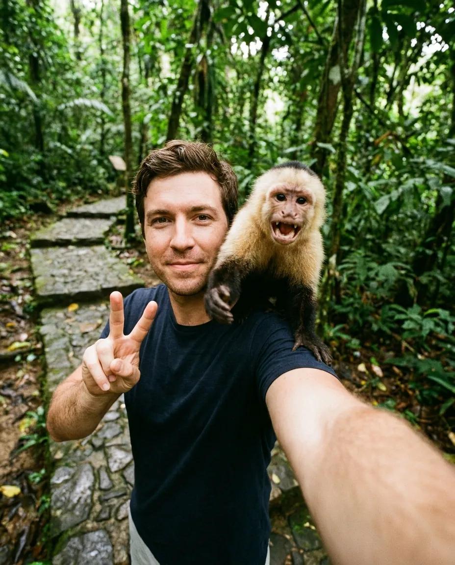 Selfie avec un singe en forêt — rendu d’exemple (Nano Banana)
