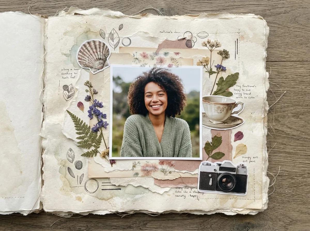 Page de scrapbook autour d’un portrait — rendu d’exemple (Nano Banana)