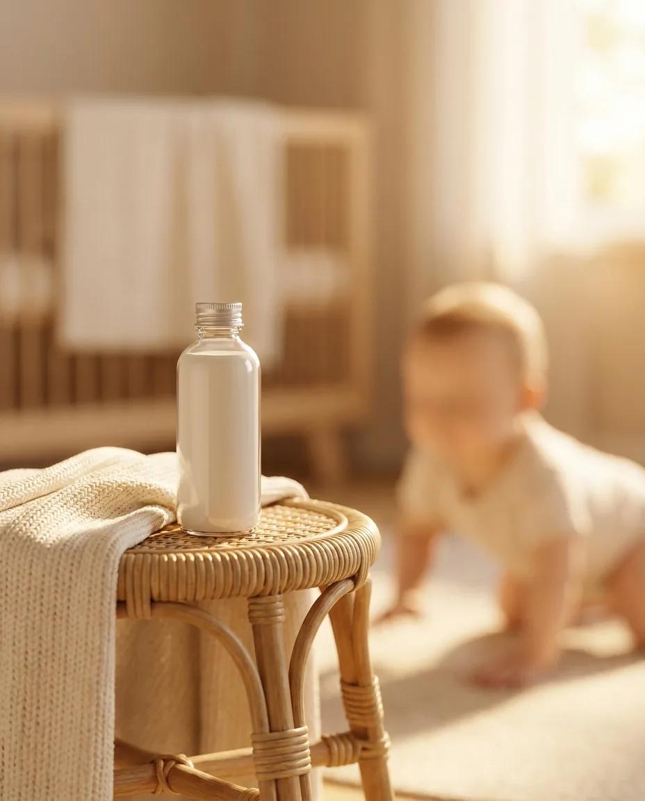 Packshot soin bébé en lumière du matin — rendu d’exemple (Nano Banana)