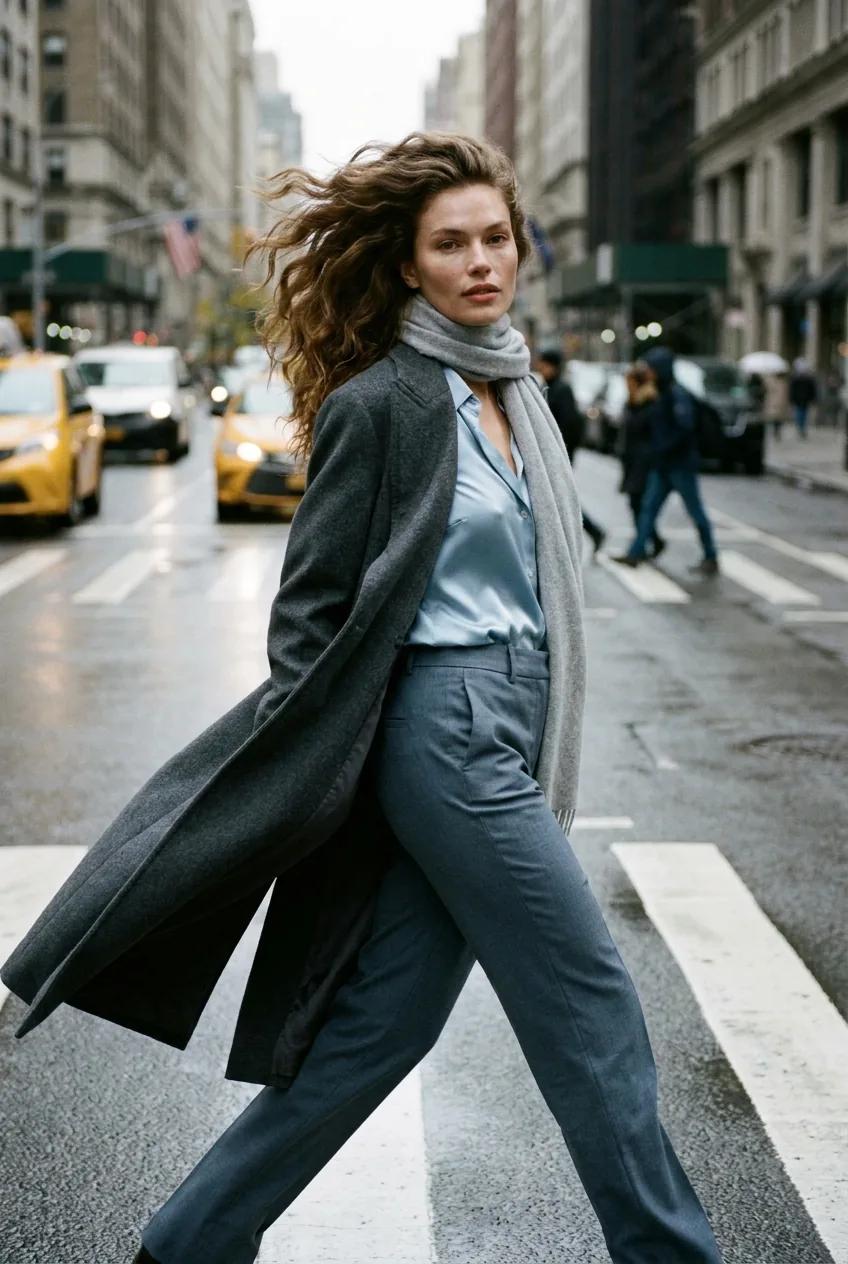 Portrait éditorial sous la pluie à Manhattan — rendu d’exemple (Nano Banana)