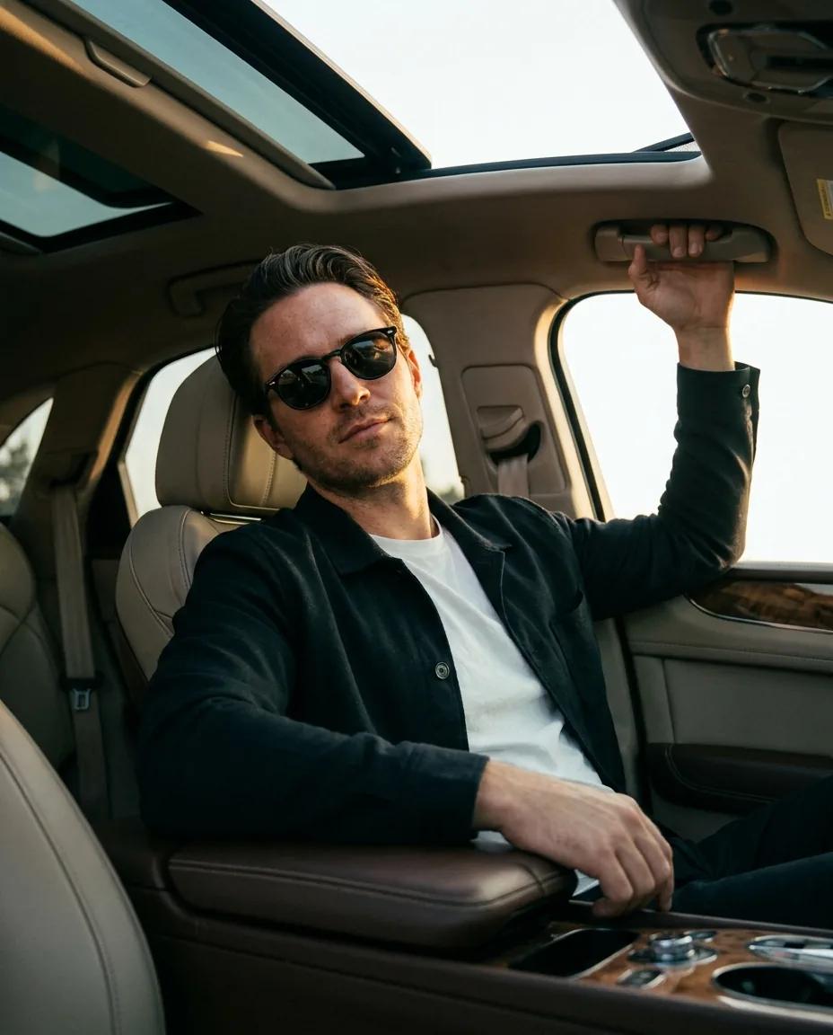 Portrait au volant d’une voiture de luxe — rendu d’exemple (Nano Banana)