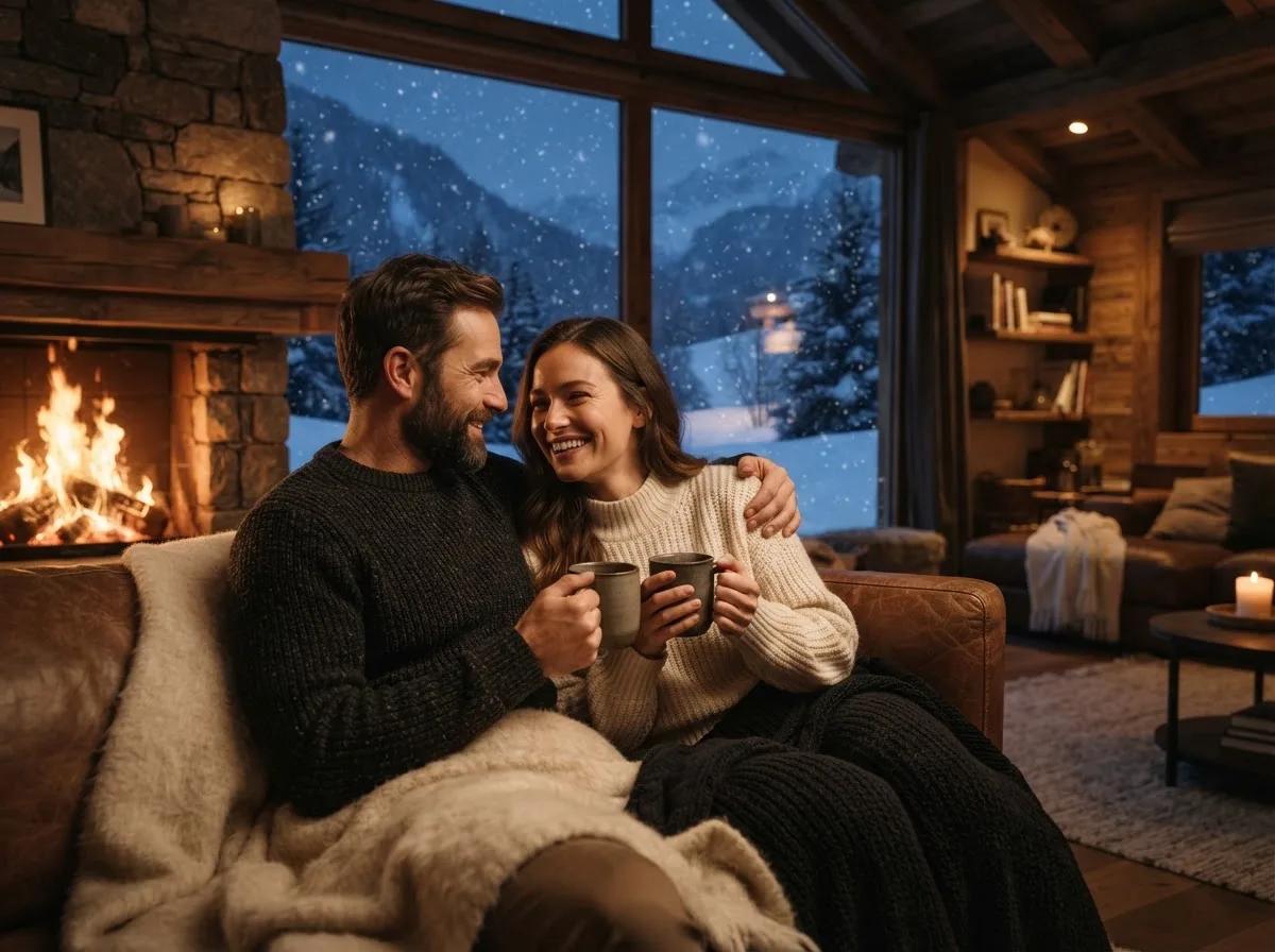 Couple au coin du feu dans un chalet — rendu d’exemple (Nano Banana)