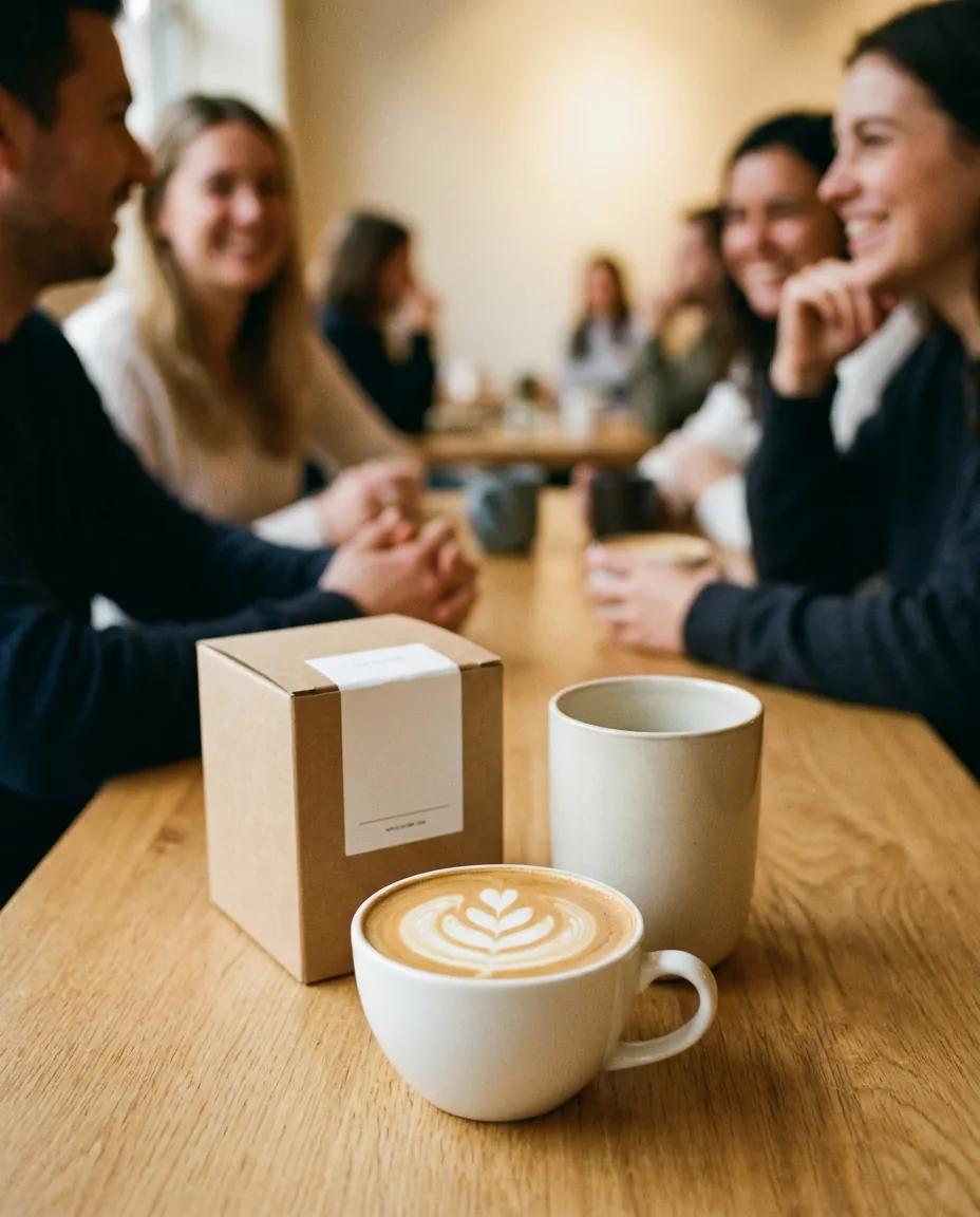 Packshot lifestyle avec latte art — rendu d’exemple (Nano Banana)