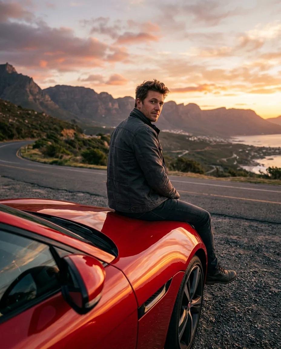 Portrait sur le capot d’une sportive rouge — rendu d’exemple (Nano Banana)