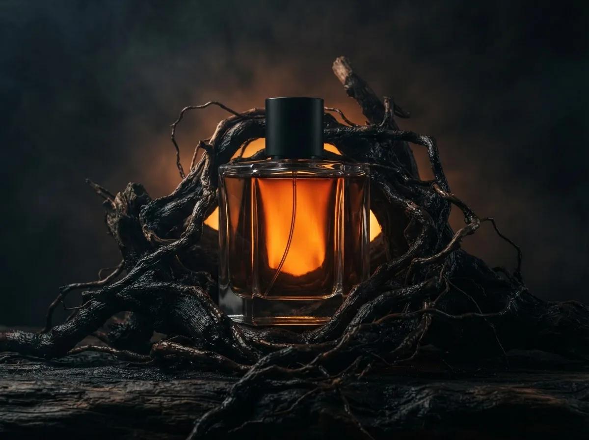 Parfum serti de racines noires — rendu d’exemple (Nano Banana)