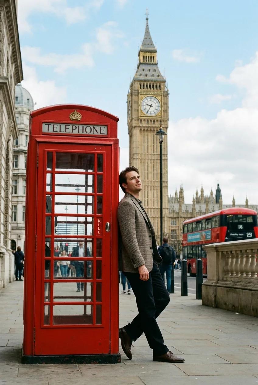 Portrait voyage à Londres, cabine rouge — rendu d’exemple (Nano Banana)