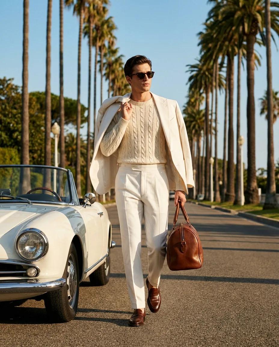 Look blanc et cabriolet vintage sous les palmiers — rendu d’exemple (Nano Banana)
