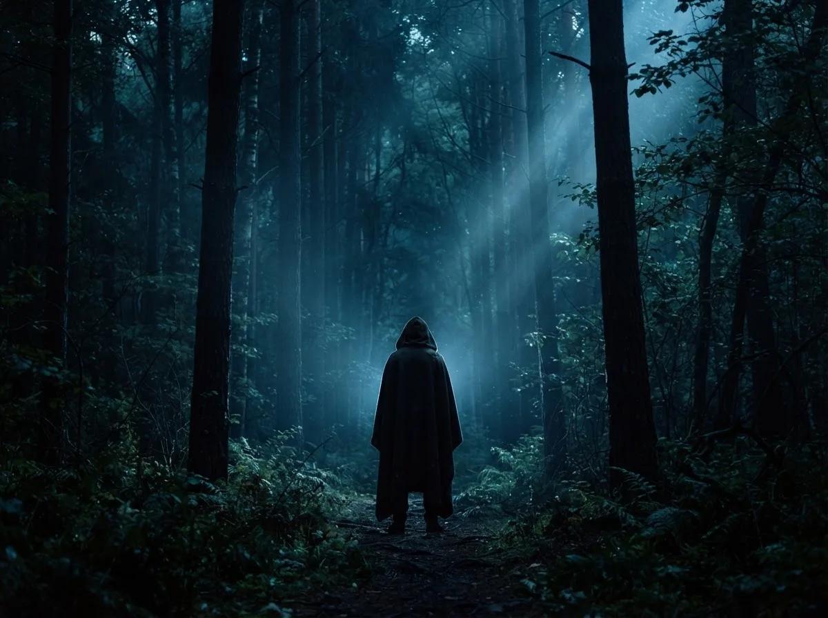 Silhouette en forêt au clair de lune — rendu d’exemple (Nano Banana, Midjourney)