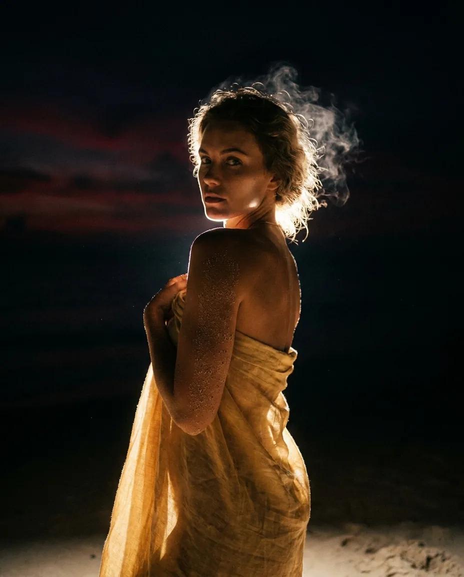 Portrait de plage au flash, la nuit — rendu d’exemple (Nano Banana)