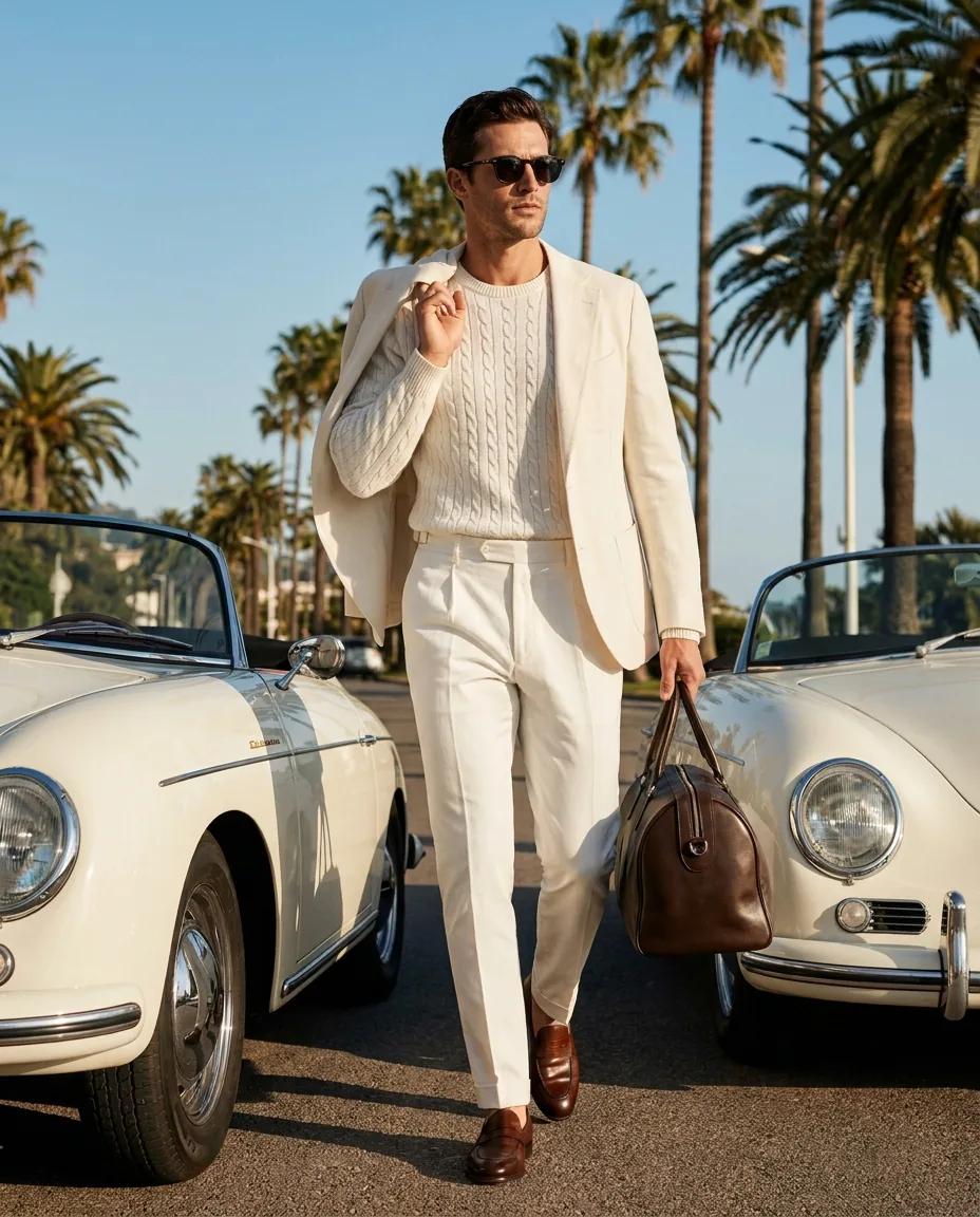Marche en blanc sur un boulevard de palmiers — rendu d’exemple (Nano Banana)