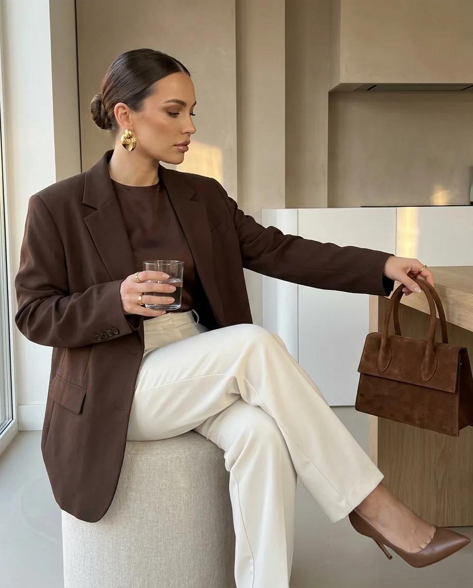 Portrait éditorial en blazer chocolat — rendu d’exemple (Nano Banana)