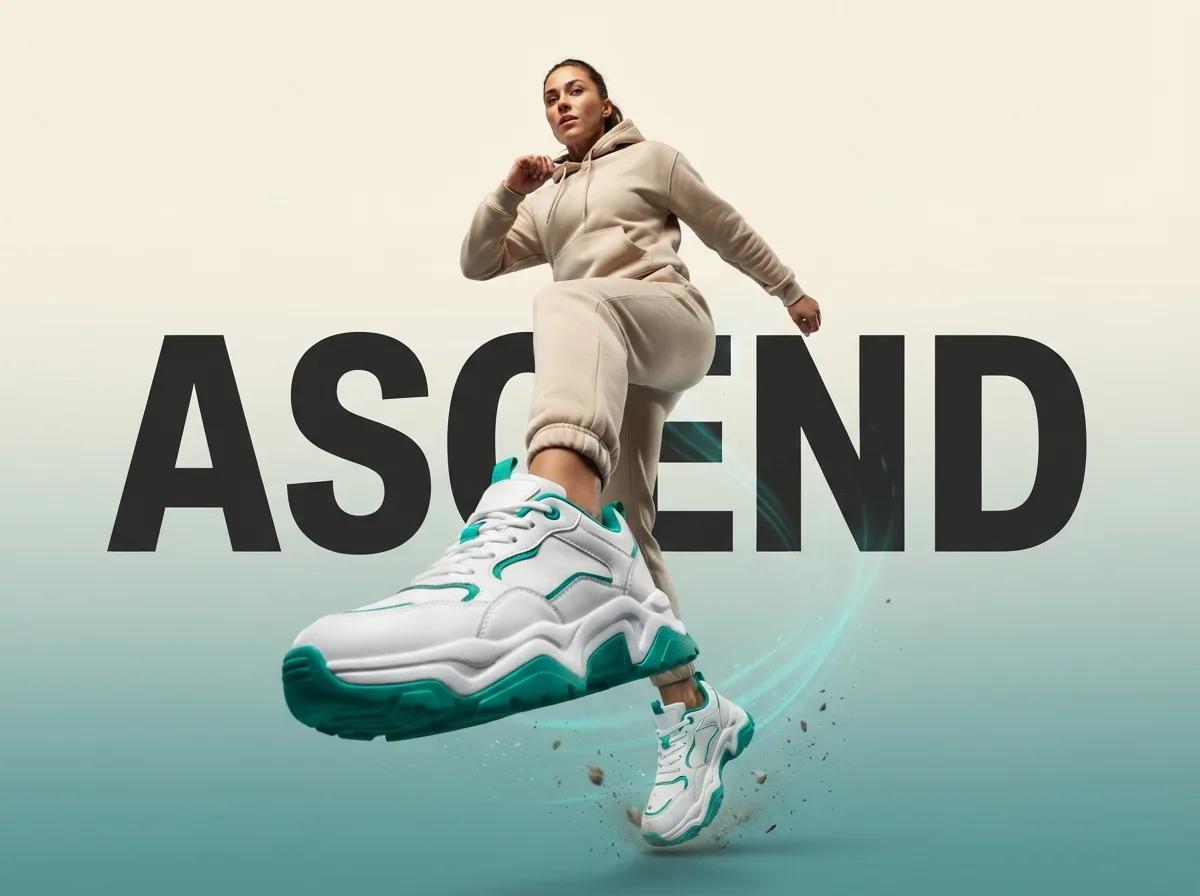 Affiche publicitaire de baskets en plein saut — rendu d’exemple (GPT Image)