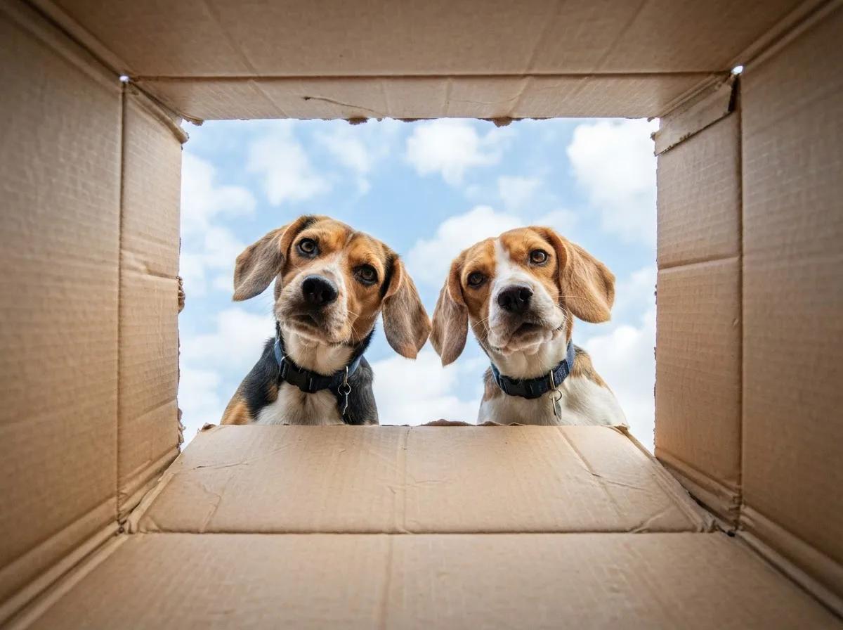 Animaux curieux sortant d’un carton — rendu d’exemple (GPT Image)