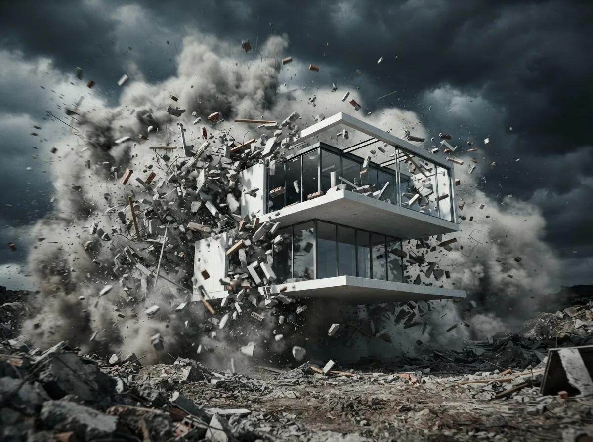 Maison qui surgit d’une explosion — rendu d’exemple (Kling, Seedance, Veo)