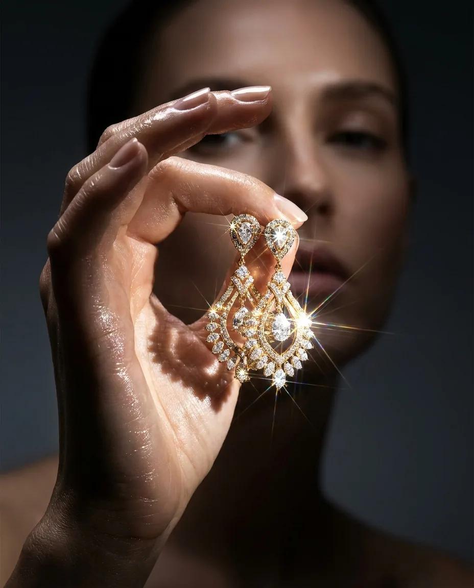 Packshot de boucles d’oreilles or et diamants — rendu d’exemple (Nano Banana)