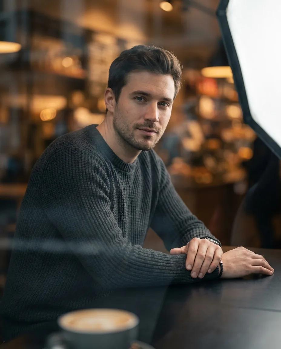 Portrait de café vu à travers la vitre — rendu d’exemple (Nano Banana)